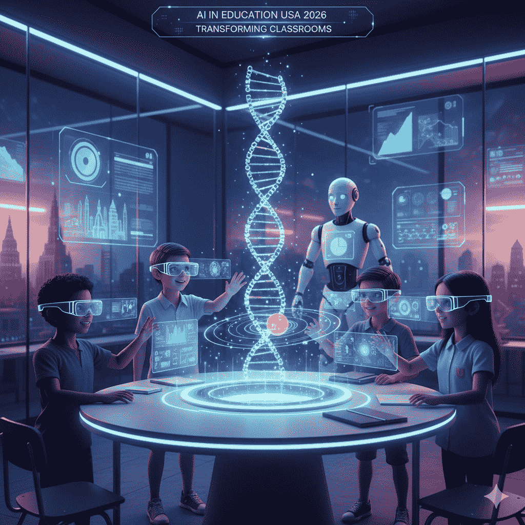 AI in Education USA 2026 showing artificial intelligence technology transforming American classrooms with smart boards, student laptops, and AI-powered learning systems