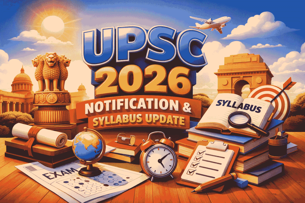 UPSC 2026 Notification & Syllabus Update 3D graphic showing exam syllabus, books and preparation