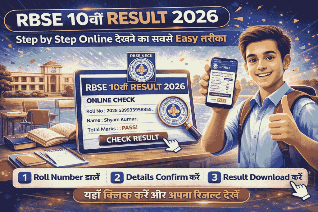 RBSE 10th Result 2026 online check karte hue student mobile par Rajasthan Board result page dekh raha hai