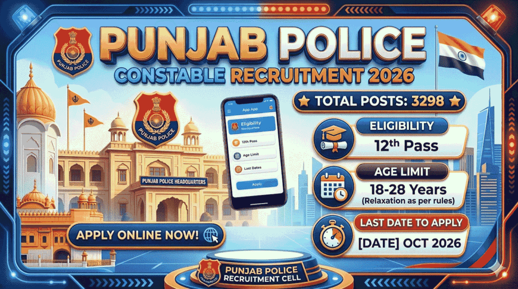 Punjab Police Constable Recruitment 2026 Notification for 3298 Post Apply Online, Eligibility, Age Limit, Selection Process
