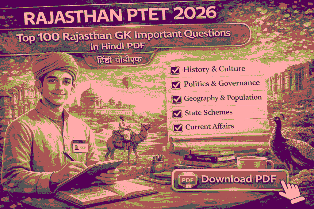 Rajasthan PTET 2026 Top 100 Rajasthan GK Important Questions in Hindi PDF Previous Year Questions List